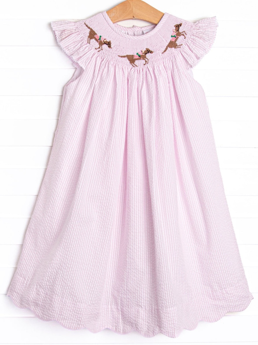 STITCHY FISH Derby Dash Smocked Bishop Dress In Pink Seersucker
